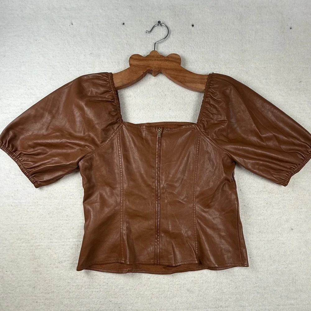 Marc New York Brown Faux Leather Puff Sleeve Top M romantic dark academia chic - Picture 7 of 10